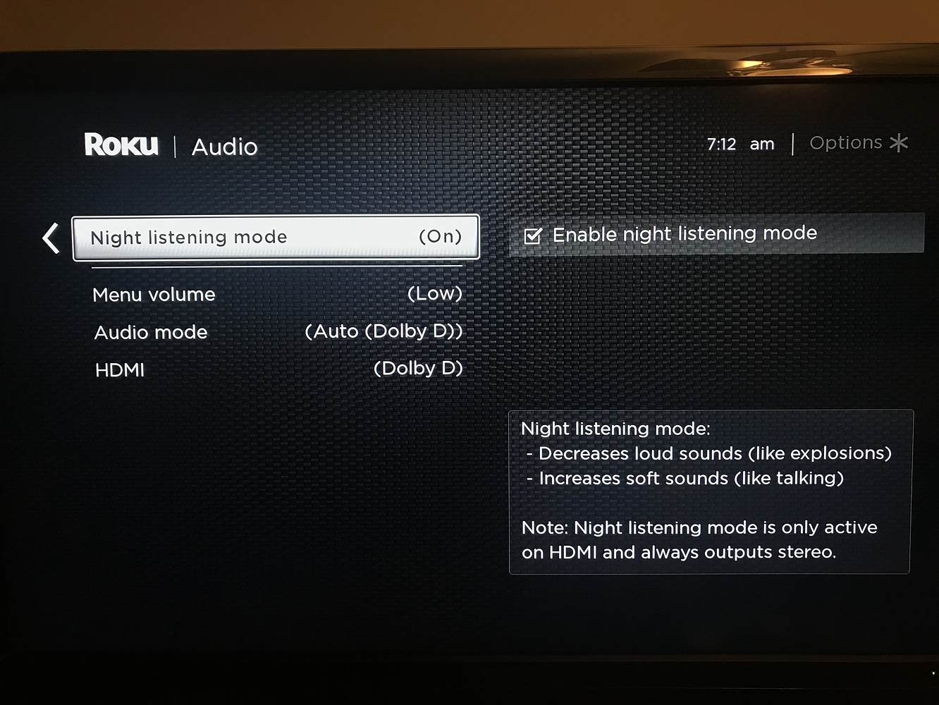 Roku Surround sound not supported when Night listening mode is on
